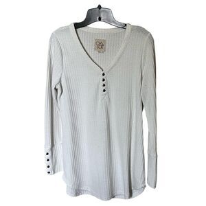 Chaser Cream Waffle Weave Long Sleeve V Neck Henley Shirt Top Size Large
